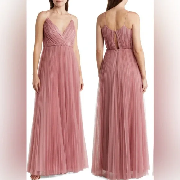 strapless open back dress Rent Asos Design Cami Pleated Tulle Maxi Dress In Rose Pink main image 0